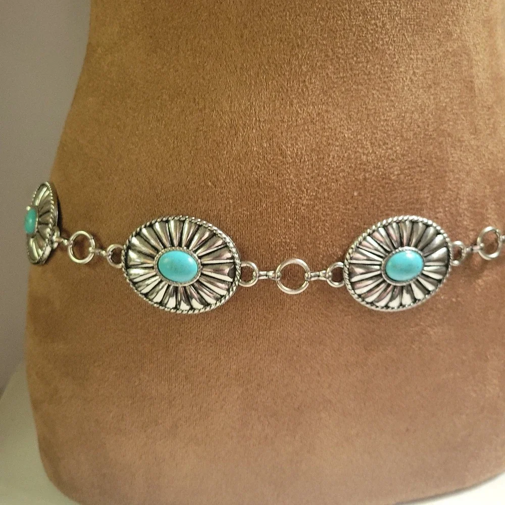 Silver Faux Turquoise Concho Chain Belt Adjustable 36 Inch Western Cowgirl